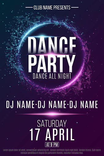Poster for a dance party. Night party. Festive geometric neon flyer. Banner from geometrical plexus particles. Name of club and DJ. Vector illustration