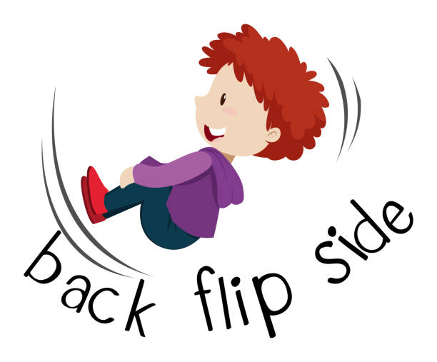 ilustrações, clipart, desenhos animados e ícones de wordcard fro flip lado traseiro com menino lançando - back somersault