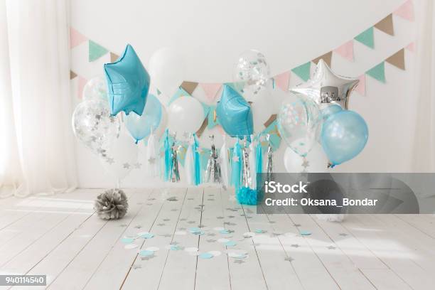 Festive Background Decoration For Birthday Celebration With Gourmet Cake And Blue Balloons In Studio Cake Smash First Year Concept Stock Photo - Download Image Now