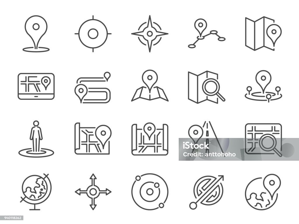 Map icon set. Included the icons as pin, nearby, direction, navigation, navigator, way, path and more. Icon stock vector