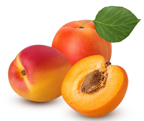 istock Two fresh ripe apricot with leaf one cut in half with bone 940119394