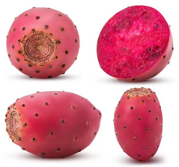 Collection red opuntia, whole, cut in half Collection red opuntia, whole, cut in half isolated on white background. Clipping Path. Full depth of field. prickly pear cactus stock pictures, royalty-free photos & images