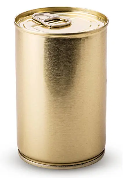 Tincan gold metal isolated on white background. Clipping Path. Full depth of field.