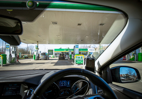 Edinburgh, UK - A driver's point of view on the approach to the forecort of a BP service station.