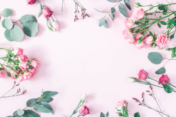 istock Pink flowers and eucalyptus branches. Flat lay, top view 940127586