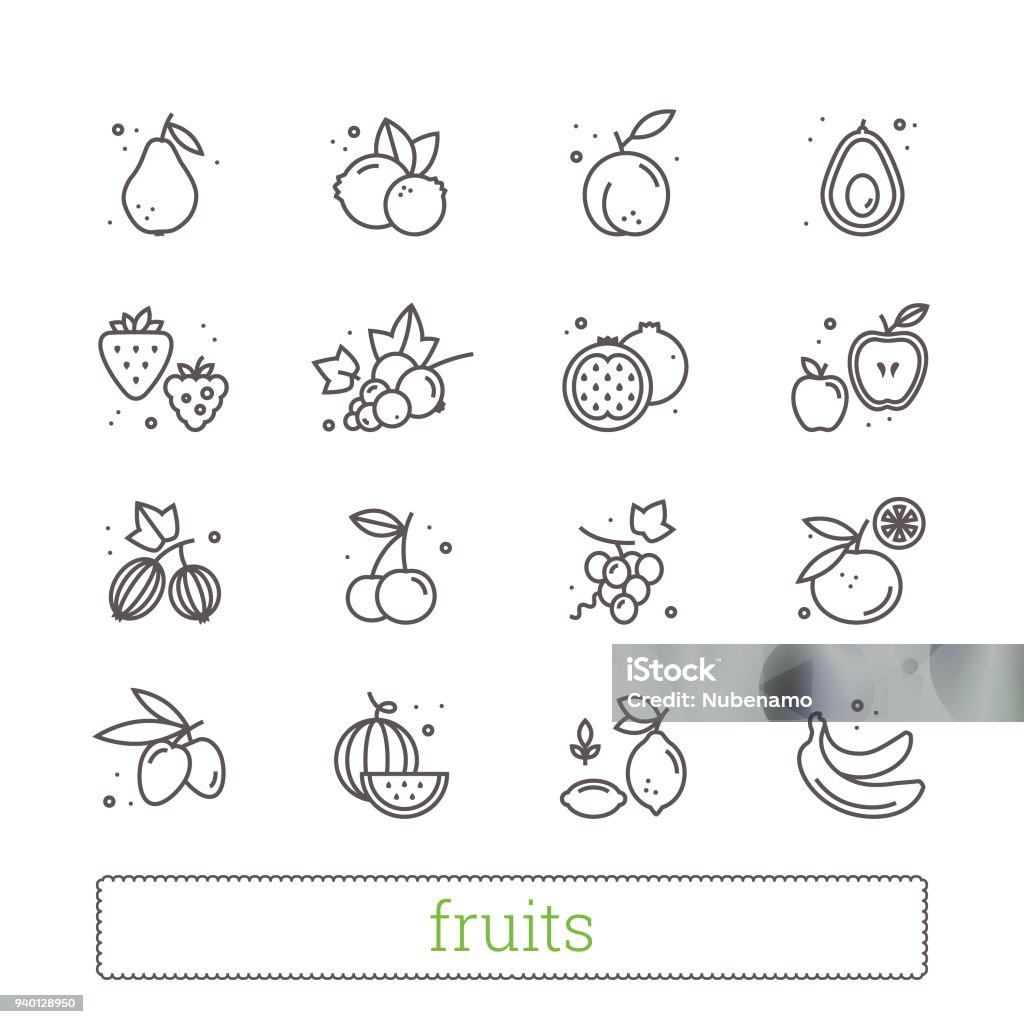 Fruits and berries thin line vector icons. Fruits and berries thin line icons. Modern linear design elements and food symbols for web interface and mobile app. Isolated vector set on white background. Icon Symbol stock vector