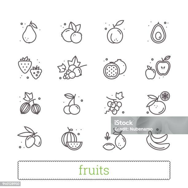 Fruits And Berries Thin Line Vector Icons Stock Illustration - Download Image Now - Icon Symbol, Line Art, Fruit