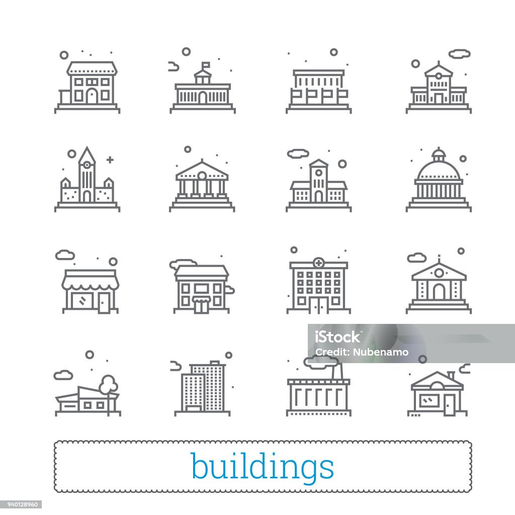 Iconos de la delgada línea del edificio. Pública, gobierno, educación y casas personales. - arte vectorial de Ícono libre de derechos