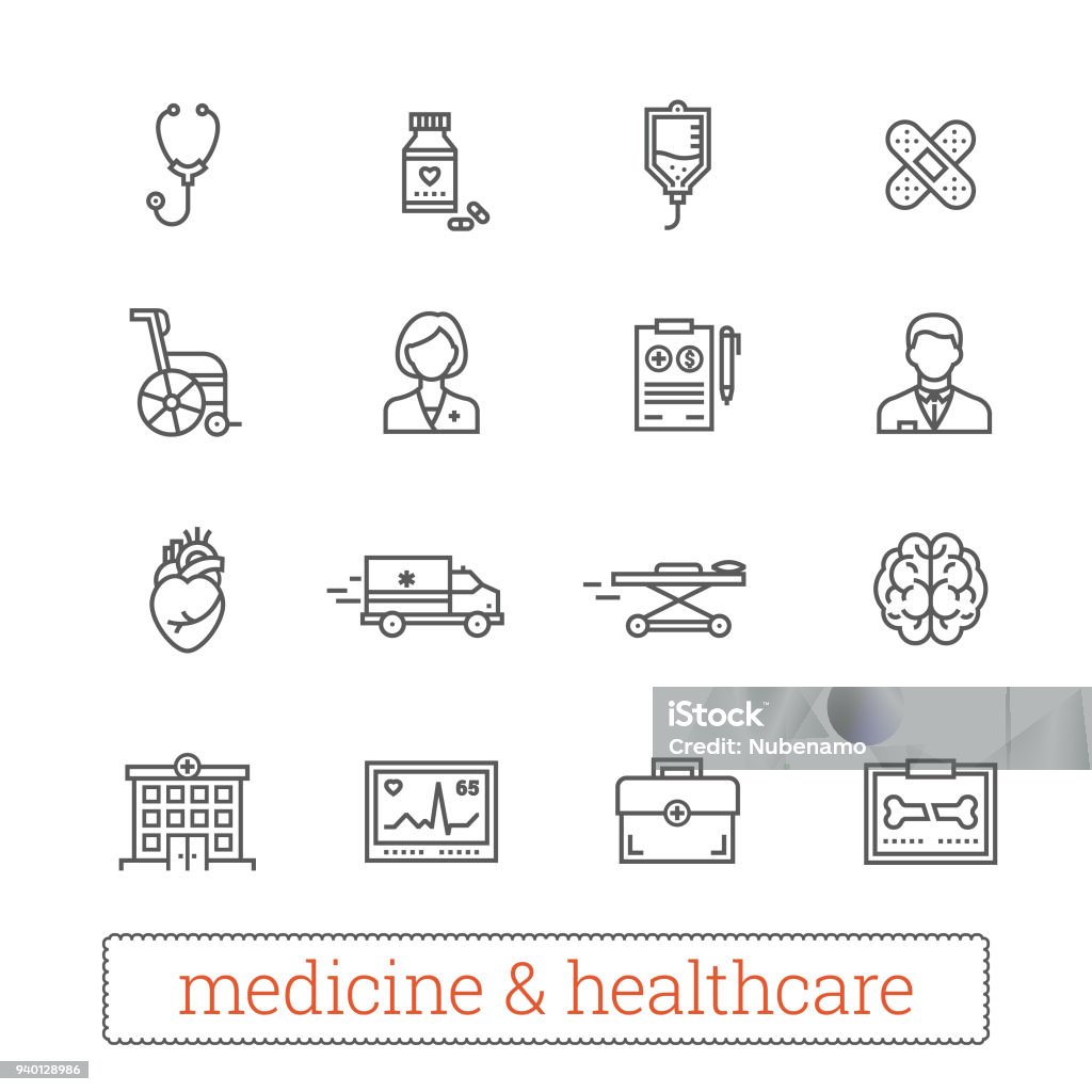 Medicine and healthcare thin line vector icons. Medicine thin line icons: medical services, ambulance, health care tools, diagnostic equipment, pharmacology, reanimation and outpatient treatment. Vector design elements for web, mobile, applications, prints. Icon Symbol stock vector