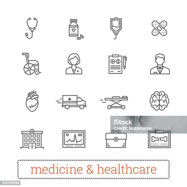 Medicine And Healthcare Thin Line Vector Icons Stock Illustration - Download Image Now - Icon Symbol, Outpatient Care, Doctor