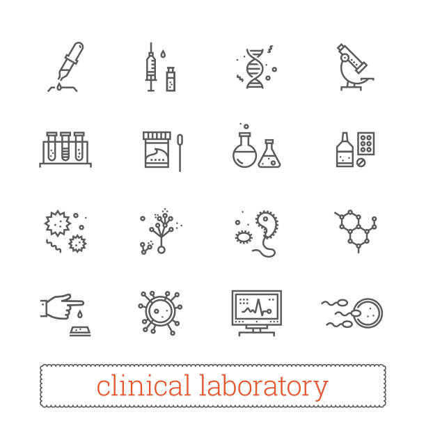 Clinical laboratory, medicine science thin line vector icons. Clinical laboratory thin line icons: medicine science, virology study, microbiology assay, immune system analysis, genetics, diagnostic equipment, medical tools. Modern vector design elements. microbiology illustrations stock illustrations