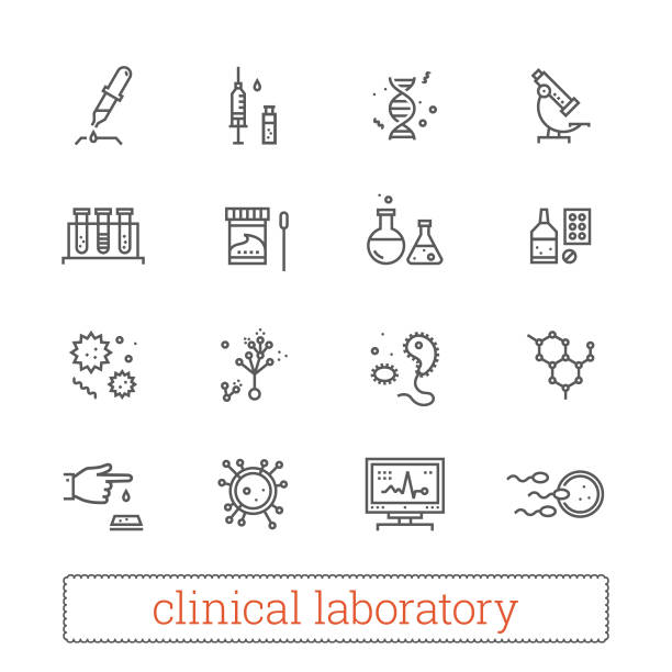 Clinical laboratory, medicine science thin line vector icons. Clinical laboratory thin line icons: medicine science, virology study, microbiology assay, immune system analysis, genetics, diagnostic equipment, medical tools. Modern vector design elements. specimen holder stock illustrations