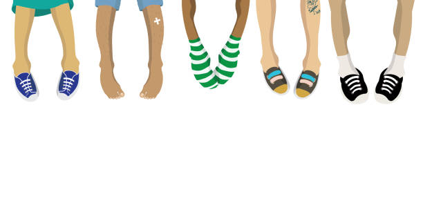 Feet of the people Vector illustration of hanging the feet of the people legs against the wall stock illustrations
