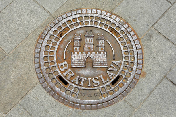 Bratislava, Slovakia - June 15, 2017: Man hole cover in the Slovak capital Bratislava - Slovakia.