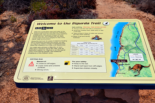 Kalbarri, WA, Australia - November 24, 2017: Board with description and distances on Bigurda trail in public Kalbarri National Park on the coast along Indian ocean