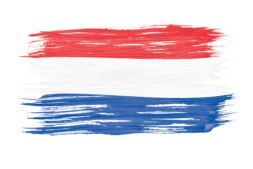 Art brush watercolor painting of Netherlands flag blown in the wind isolated on white background.