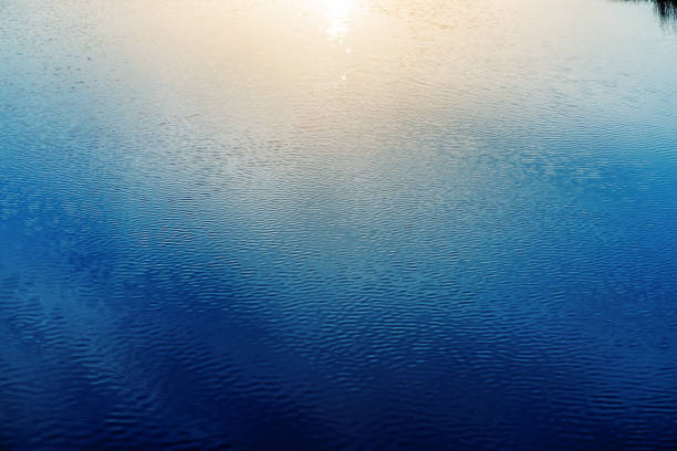 aerial view to water in river and sunset reflections
