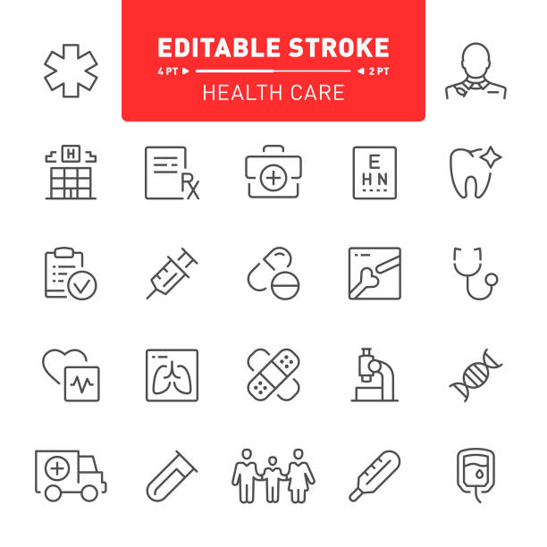 Health Care Icons Health care, hospital, medicine, editable stroke, outline, icon, icon set, doctor, ambulance, medical exam adhesive bandage stock illustrations