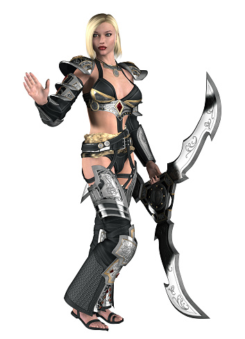 Young woman warrior with blond hair, fantasy three-blade weapon and armored suit, white background, 3d illustration