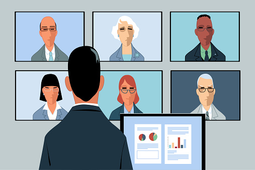 Businessman conducting a video-conference with a few remote partners, EPS 8 vector illustration