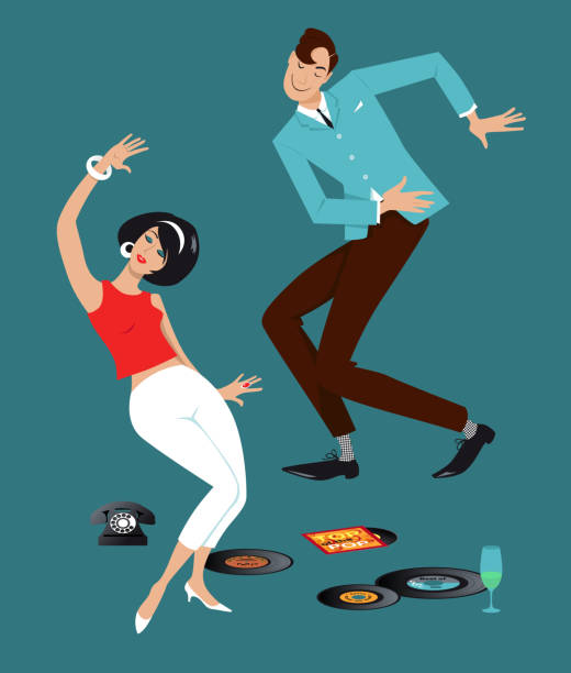 Mod music Mod couple dressed in early 1960s fashion dancing the Twist, vinyl records, vintage telephone and a glass on the floor, EPS 8 vector illustration mod women 1960s style fashion stock illustrations