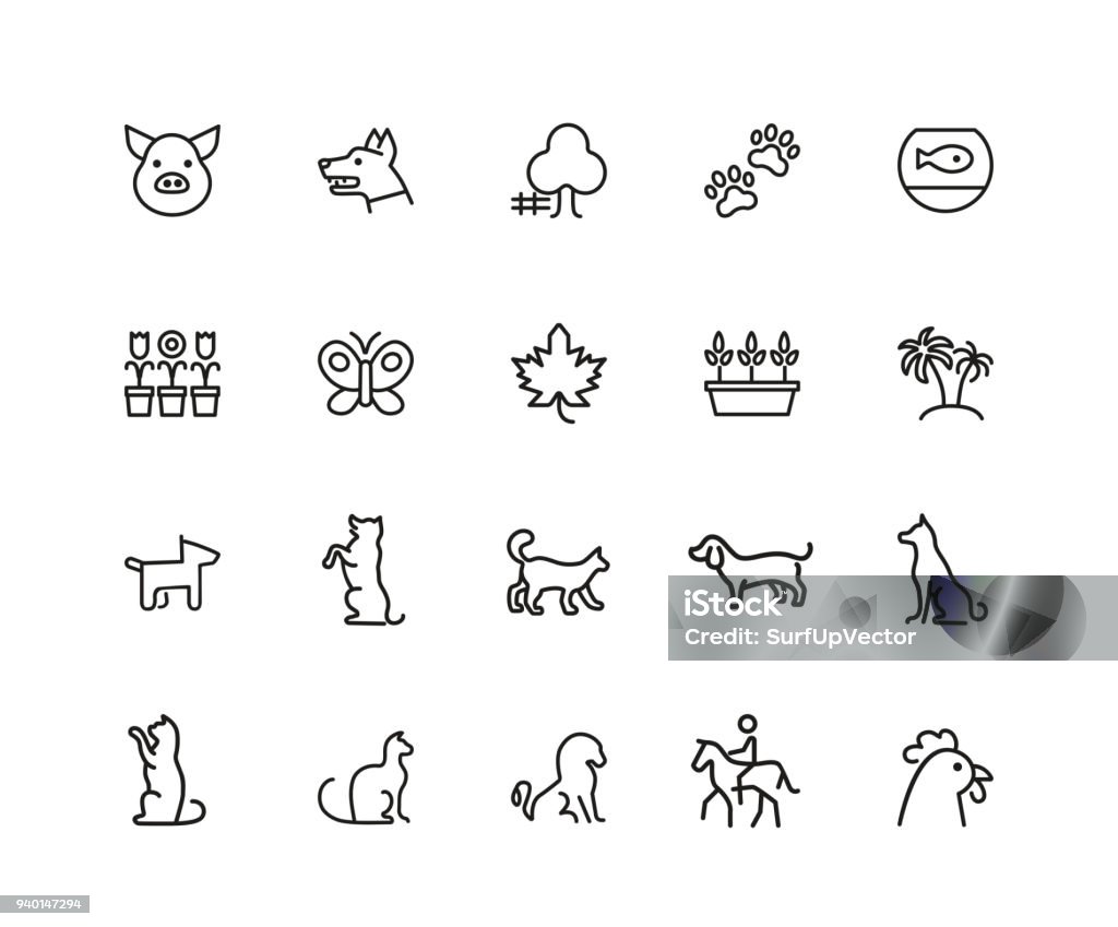 Set of Animals and Plants Line Icons Animals and plant icons. Set of twenty line icons. Dog, cat, tree. Nature concept. Vector illustration can be used for topics like gardening, farm, zoo. Horse stock vector