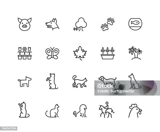 Set Of Animals And Plants Line Icons Stock Illustration - Download Image Now - Horse, Butterfly - Insect, Cut Out