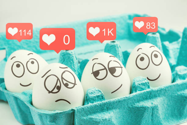 Happy eggs with many likes, one sad egg without likes. Happy eggs with many likes, one sad egg without likes. Social networks zero photos stock pictures, royalty-free photos & images