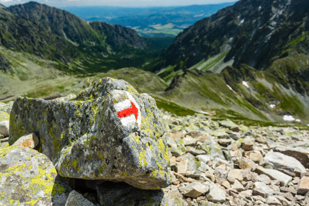 Marker with correct direction on high mountain trail below Koprovsky peak in High Tatras mountains in Slovakia