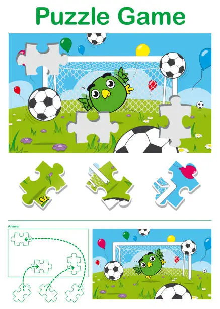 Vector illustration of Kids puzzle with a cute bird soccer goalkeeper