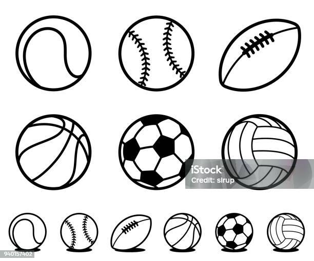 Set Of Black And White Cartoon Sports Ball Icons - Arte vetorial de stock e mais imagens de Ícone - Ícone, Bola de Futebol, Futebol
