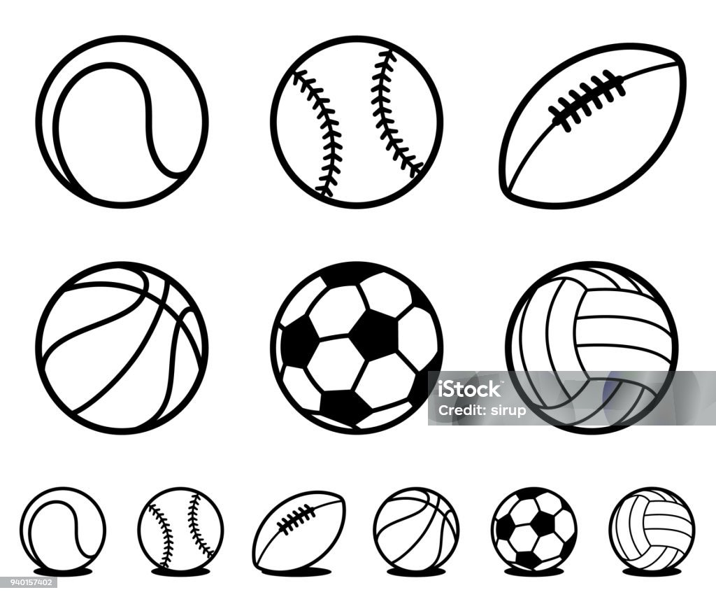 Набор черно-белых иконок спортивного мяча мультфильма - Векторная графика Иконка роялти-фри