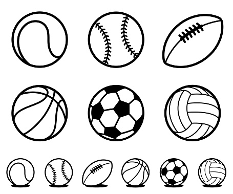 Set of six different black and white cartoon sports ball icons with accompanying line drawing variations with shadow for use as design elements - vector illustration