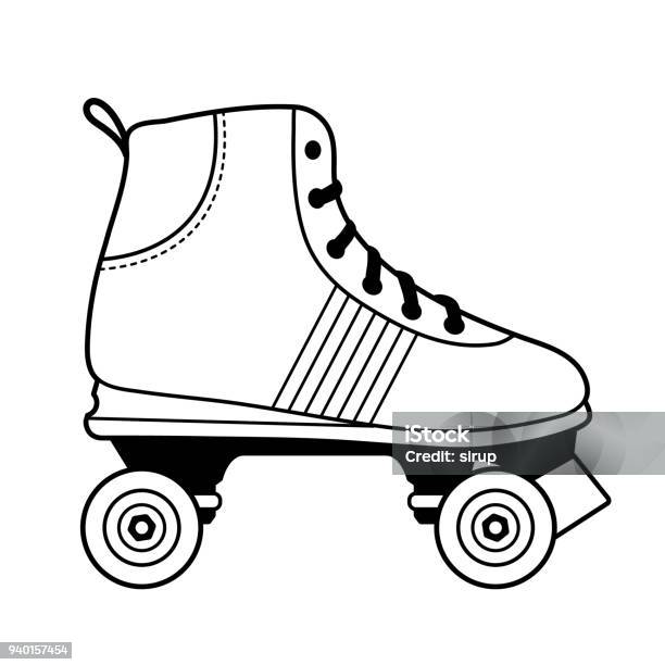 Black And White Roller Skating Shoe Illustration Stock Illustration - Download Image Now - Roller Skate, Roller Skating, Illustration