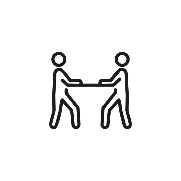 Face-to-face interrogation icon Line icon of two people at table. Face-to-face interrogation, interview, debate. Court concept. Can be used for topics like business, judicial system, communication interview event drawings stock illustrations