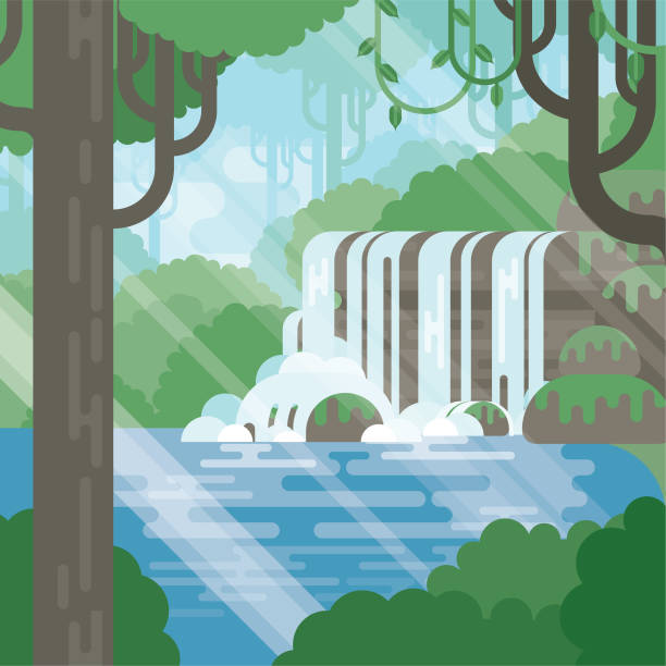 illustrazioni stock, clip art, cartoni animati e icone di tendenza di moderna illustrazione giungla natura piatta con stagno - cascata