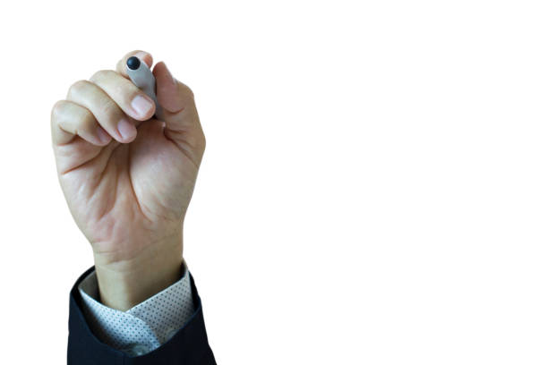Man's hand in electronics screen drawing Businessman"u2019s hand holding electronic pencil or stylus in posture of drawing something on blank electronic board. Isolated on white background with copy space and clipping path included. man writing on white board stock pictures, royalty-free photos & images