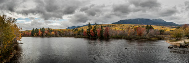 Penobscot River and Mount Katahdin Panorama Penobscot River and Mount Katahdin Panorama in Autumn mt katahdin stock pictures, royalty-free photos & images
