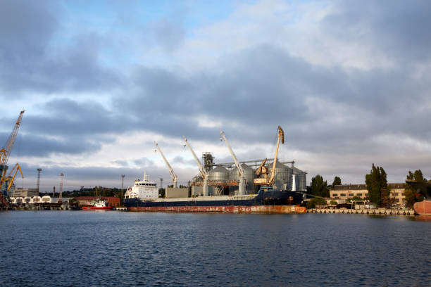istock Big grain terminal at seaport. Cereals bulk transshipment from road transport to vessel. Loading grain crops on ship from large elevators at the berth. Transrportation of agricultural products 940192252