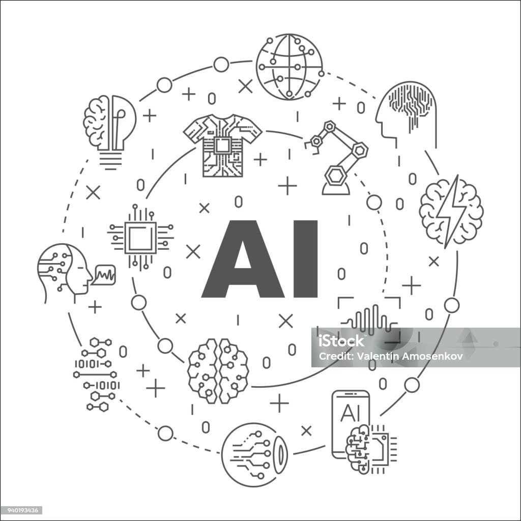 AI Runde Linie Abbildung. Vektor Kreissymbol gemacht mit Worten, künstliche Intelligenz und Technologie Symbole - Lizenzfrei Icon Vektorgrafik