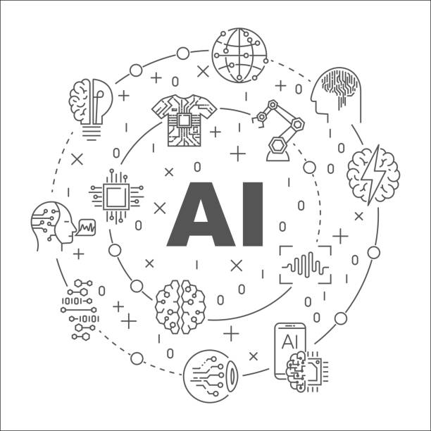 ilustrações de stock, clip art, desenhos animados e ícones de ai round line illustration. vector circular symbol made with words artificial intelligence and technology icons - algorithm formula mathematical symbol engineering