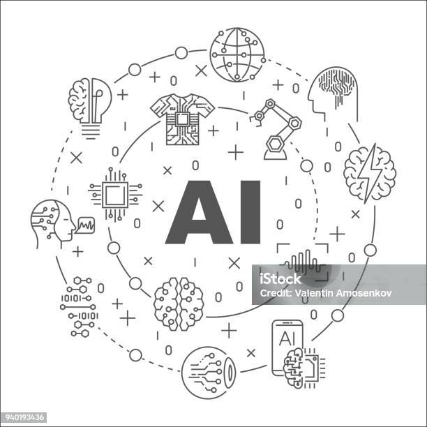 Ai Round Line Illustration Vector Circular Symbol Made With Words Artificial Intelligence And Technology Icons Stock Illustration - Download Image Now