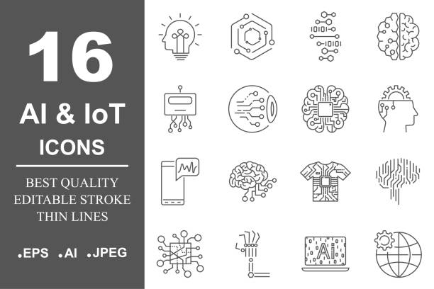 AI icon set. Data science technology, machine learning process. Data insight, transformation, scalable, modeling API. Editable Stroke AI icon set. Data science technology, machine learning process. Data insight, transformation, scalable, modeling API. Editable Stroke EPS 10 deep learning stock illustrations