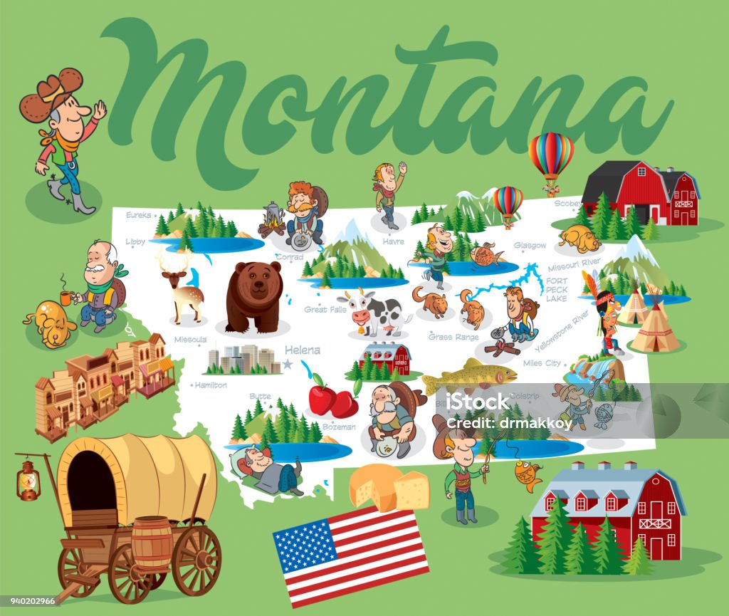 Cartoon Map of MONTANA MONTANA

I have used 
http://legacy.lib.utexas.edu/maps/us_2001/montana_ref_2001.jpg
address as the reference to draw the basic map outlines with Illustrator CS5 software, other themes were created by 
myself. Missouri stock vector