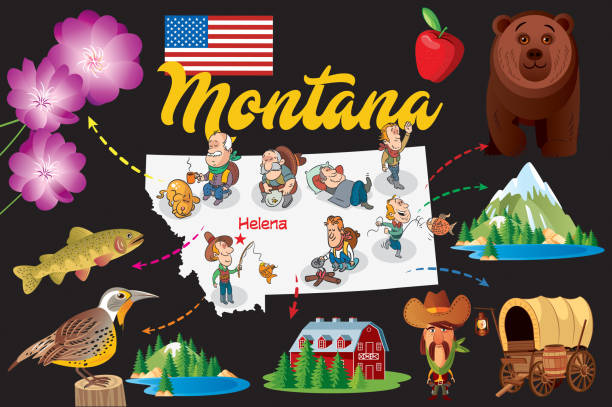 Cartoon Map of MONTANA MONTANA

I have used 
http://legacy.lib.utexas.edu/maps/us_2001/montana_ref_2001.jpg
address as the reference to draw the basic map outlines with Illustrator CS5 software, other themes were created by 
myself. lewisia rediviva stock illustrations