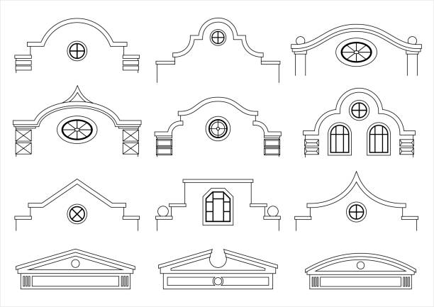 Set of silhouettes of classical facades A set of silhouettes of classic vintage facades. Templates for colorings. Vector graphics. Architectural elements of pediments gable stock illustrations