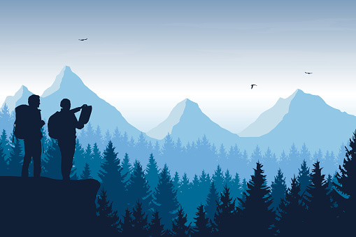 Tourist, man and woman with backpacks and a map looking for a trip in a mountain landscape with forest, trees and flying birds under the sky with clouds - vector