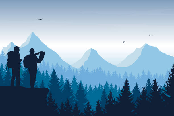 Tourist, man and woman with backpacks and a map looking for a trip in a mountain landscape with forest, trees and flying birds under the sky with clouds - vector Tourist, man and woman with backpacks and a map looking for a trip in a mountain landscape with forest, trees and flying birds under the sky with clouds - vector journey silhouettes stock illustrations