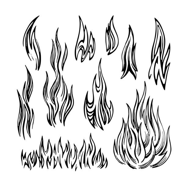 Flame Fire Set sketch Flame of fire stylized monochrome vector sketch. Set of elements of different shapes on a white background. flame illustrations stock illustrations