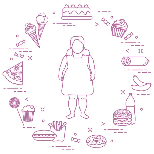 Vector illustration of Harmful eating habits and fat girl.